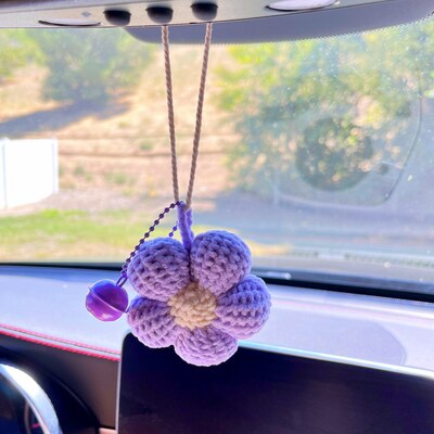 Crochet flower car accessories with bell, amigurumi flower car hanging, Knitted Flower for Interior car accessories, car decor or bag charm - image6